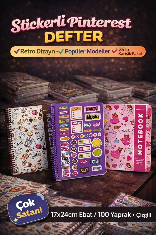 STİCKERLI 17x24 RETRO DEFTER / 24LÜ PAKET